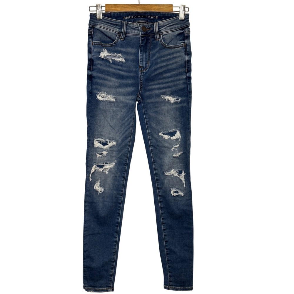 American Eagle Hi-Rise Jegging Distressed Skinny Jeans Blue Medium Wash Size 2